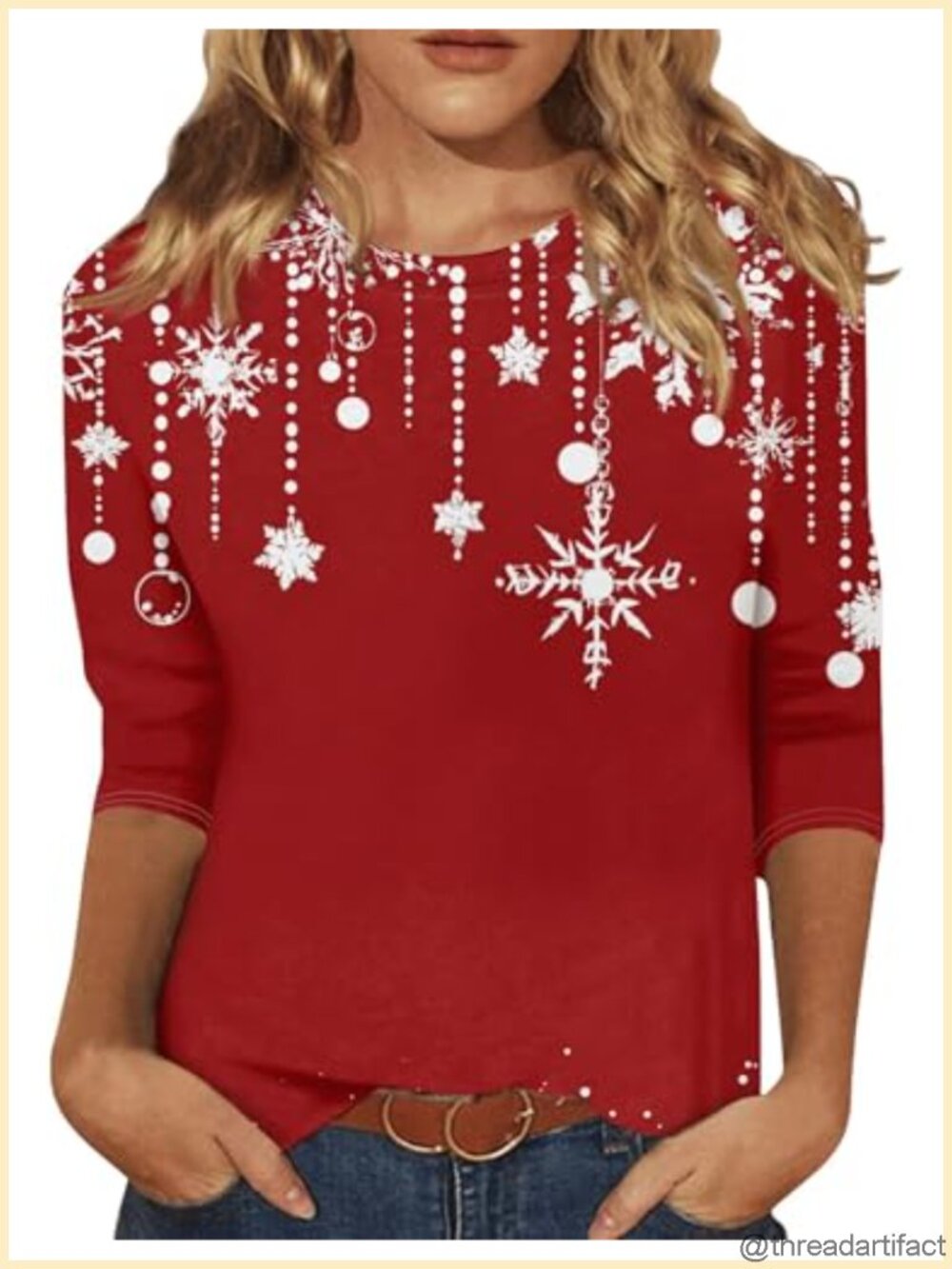 Women's Christmas Tree Print T-Shirt 3/4 Sleeve Holiday Party Top Loose Fit